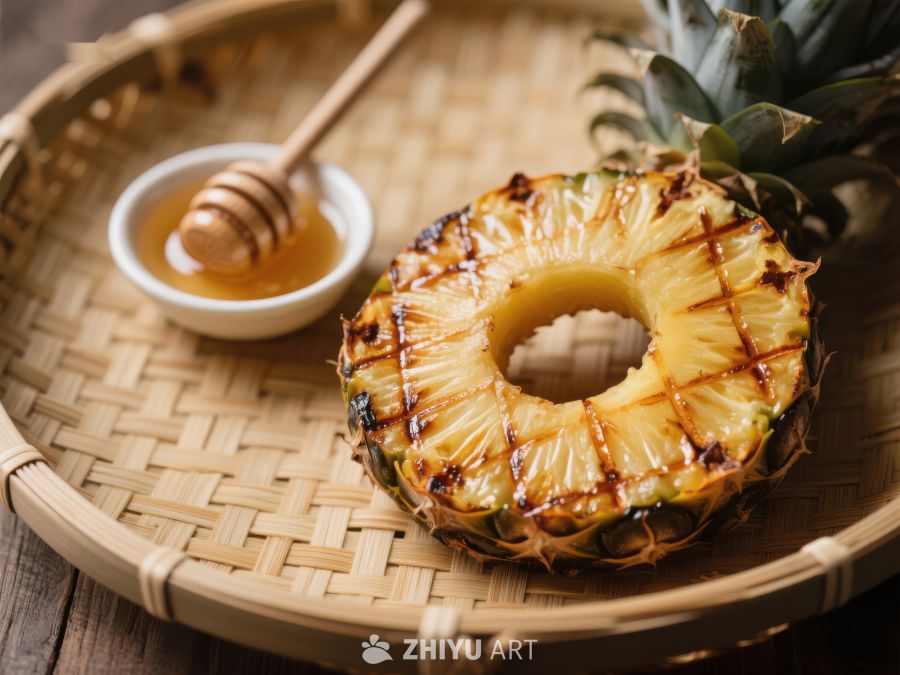 烤菠萝配蜂蜜，竹篮盛放