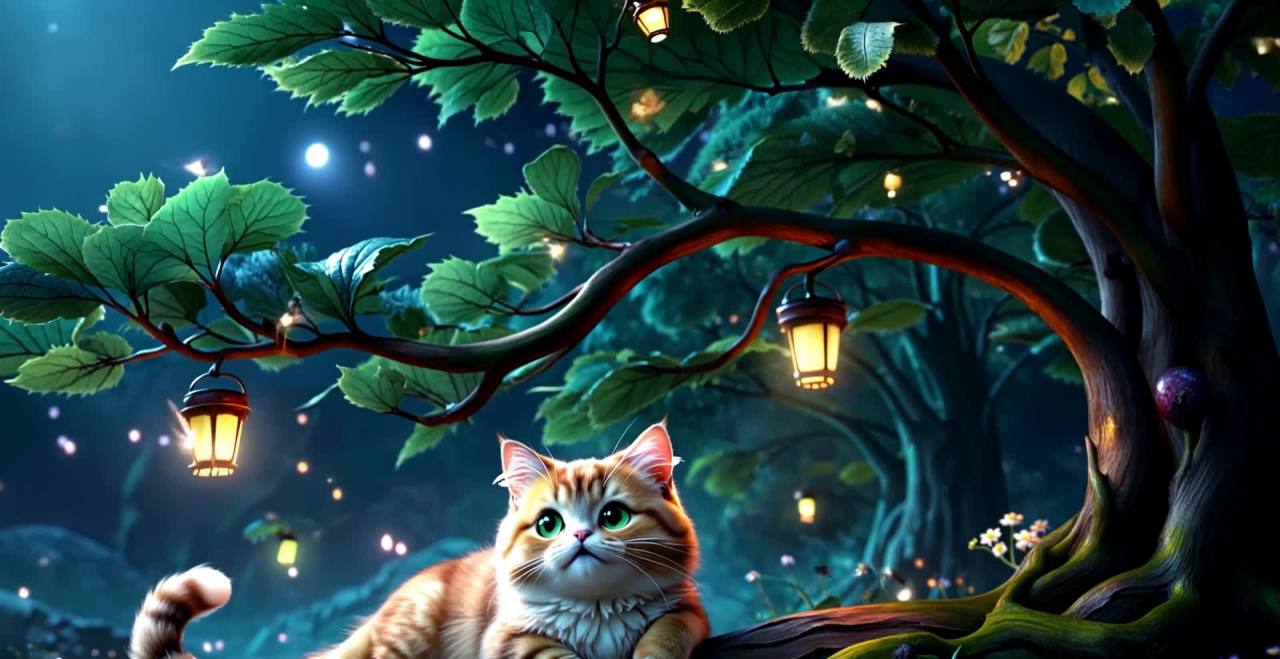 午夜森林树干上的猫与灯笼和萤火虫
