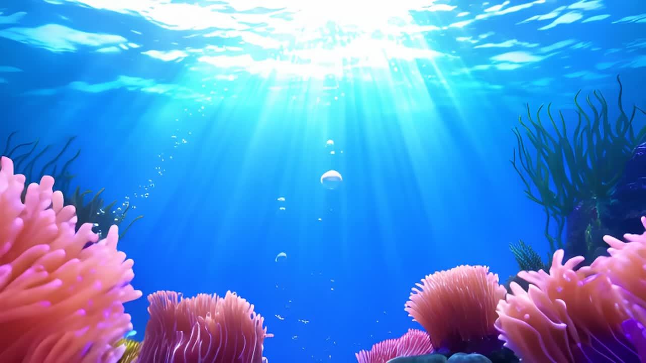 海底世界动画场景：镜头缓缓下潜，逐渐深入蔚蓝的海水