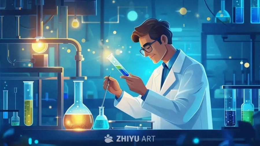 穿着白色实验服的科学家，戴着眼镜，正在做实验，画面