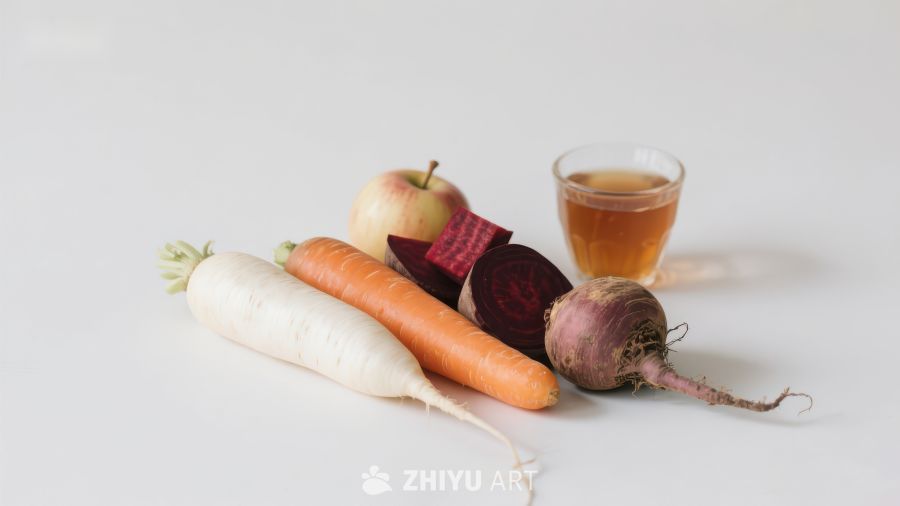 新鲜蔬菜与苹果及饮品