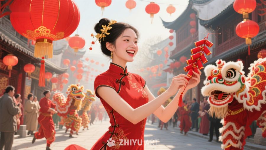 女子身着红裙参与舞狮庆祝活动 680