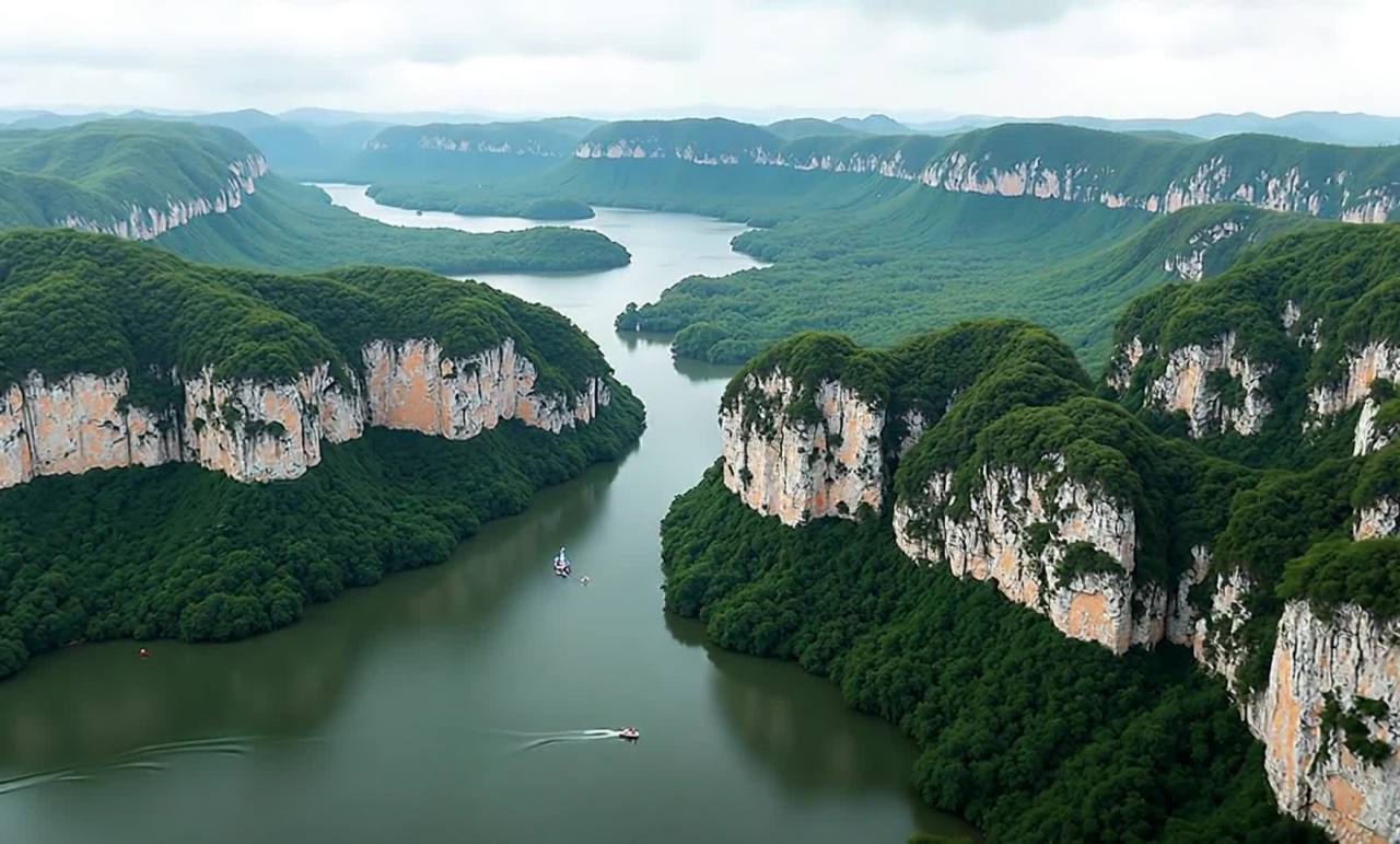航拍视角，一条河流蜿蜒流淌在群山之间，河水呈现出深