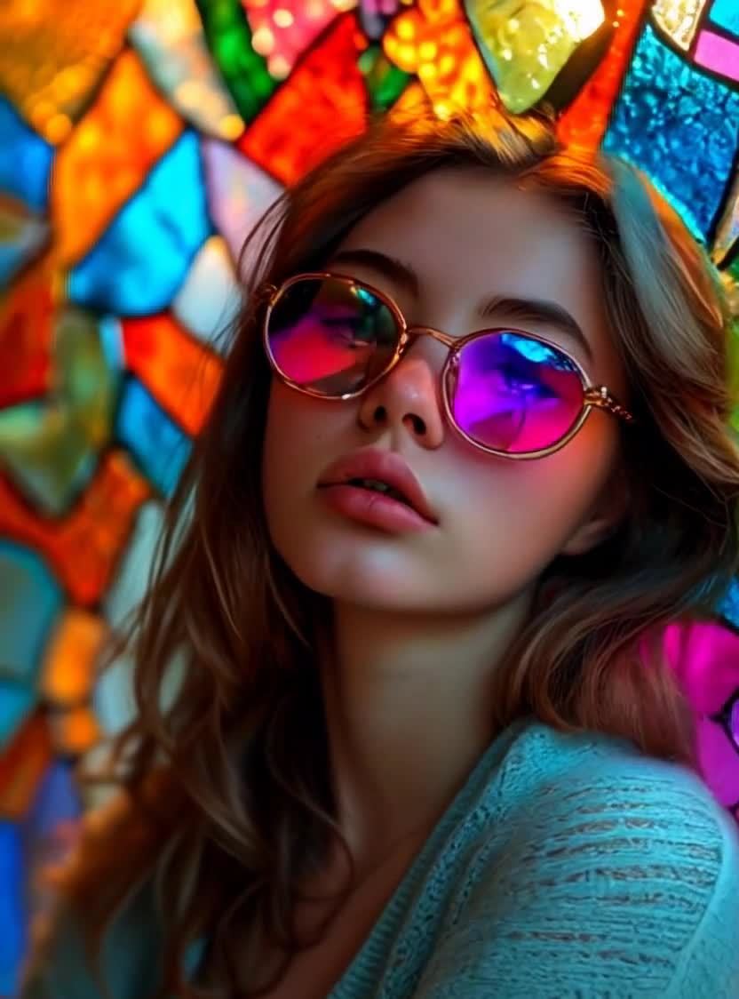 一位年轻女性戴着眼镜，背景是彩色玻璃窗。眼镜反射出