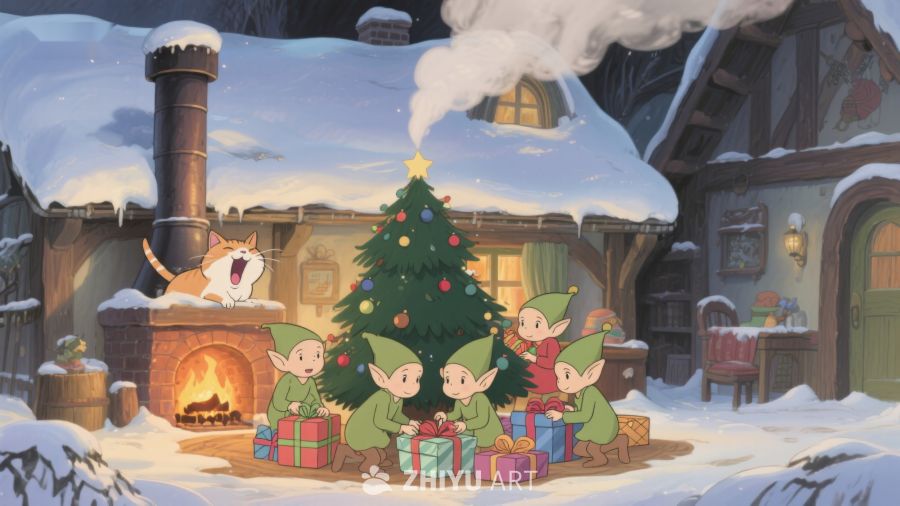 雪夜小精灵围炉庆祝圣诞 403