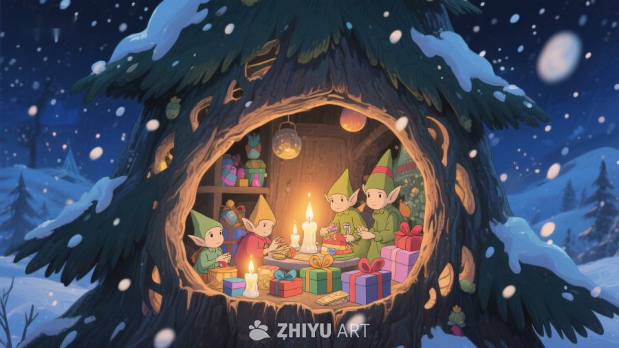 雪夜树屋中的温馨圣诞聚会 419