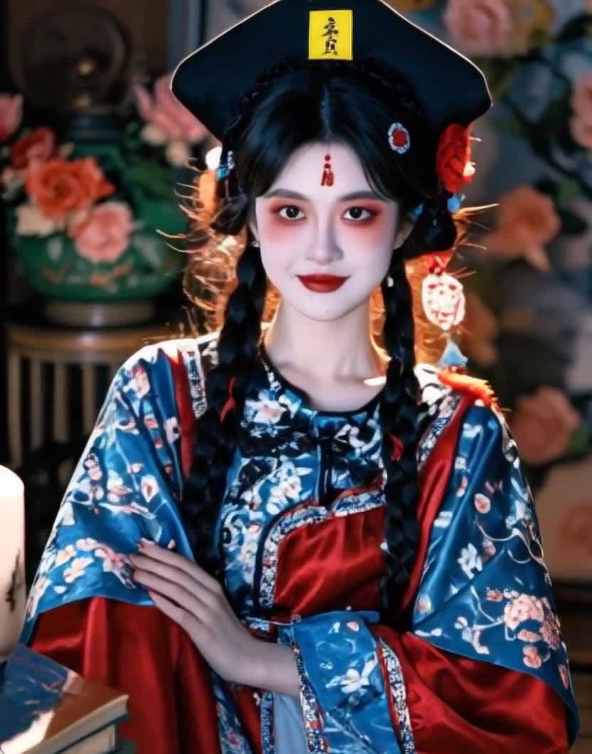 古典美人着红蓝戏服，妆容精致，眼神犀利