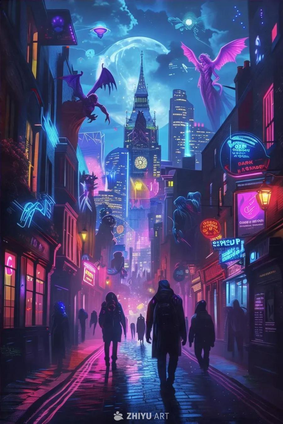 在霓虹灯闪烁的伦敦夜景中，一条小巷被雨水浸湿，倒映