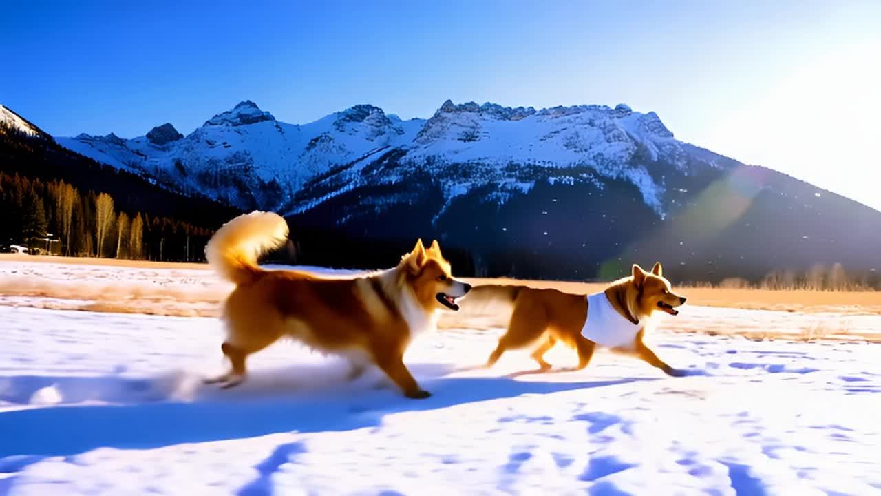 两只毛色金黄、胸前有白色斑纹的喜乐蒂牧羊犬在雪地上