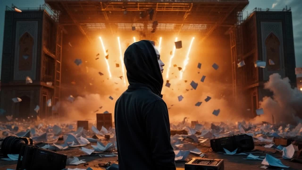 一个身穿黑色外套的人静止不动，专注地凝视着一个大型