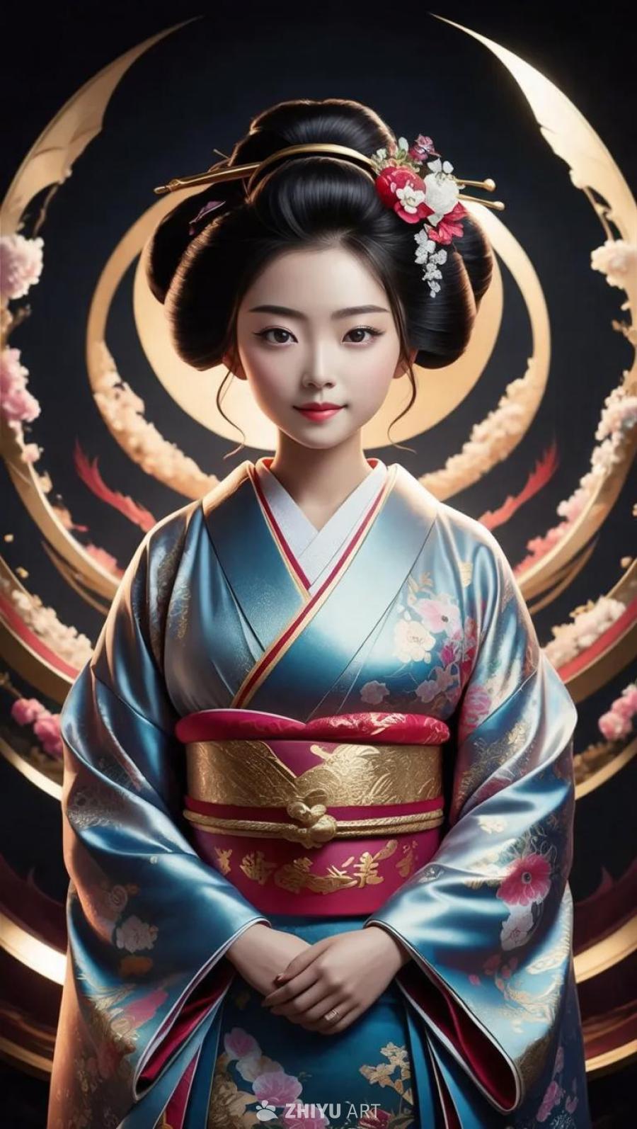 一个穿着和服的女子站在一个装饰性的背景前。女子梳着