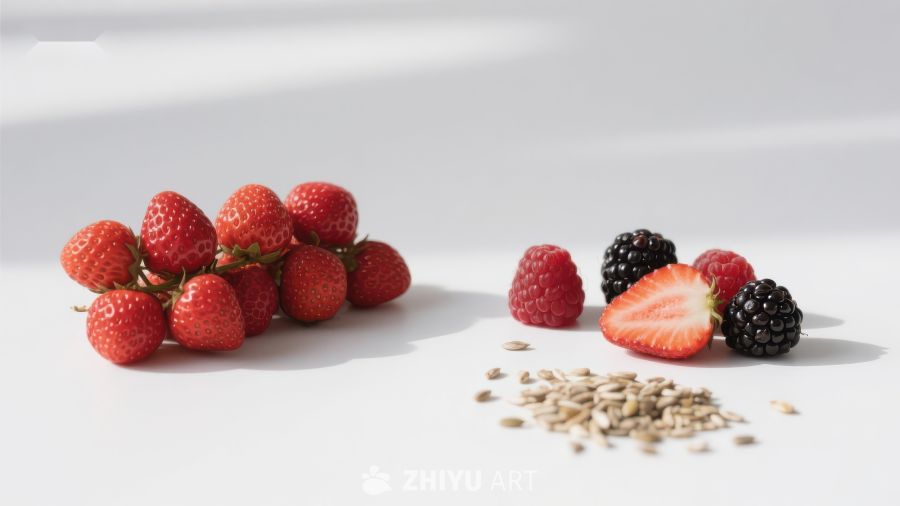 新鲜草莓与种子的静物展示
