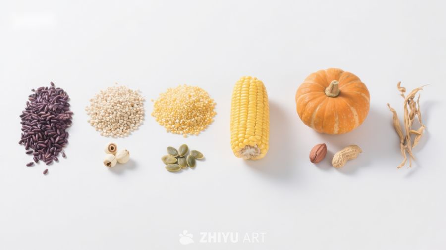 多样谷物与蔬菜的排列展示