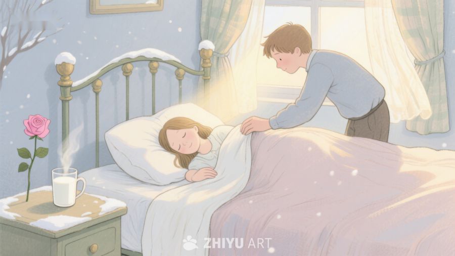 温馨晨曦：男子轻抚熟睡女子 341