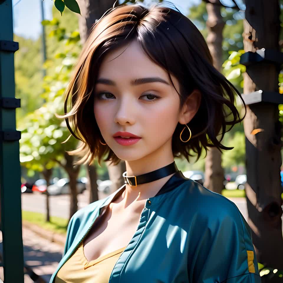 一个年轻女子面向前方，佩戴金色水滴形耳环和黑色项圈