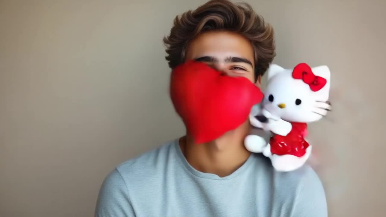 一只手持红心的Hello Kitty跳入画面，轻落
