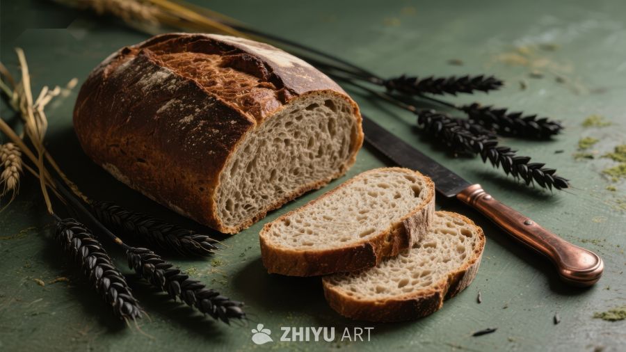 新鲜面包与麦穗的静物图