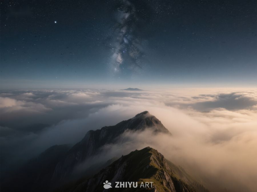 夜空星辰下的云海山峰 351