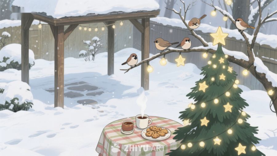雪景中的圣诞树与热饮 339