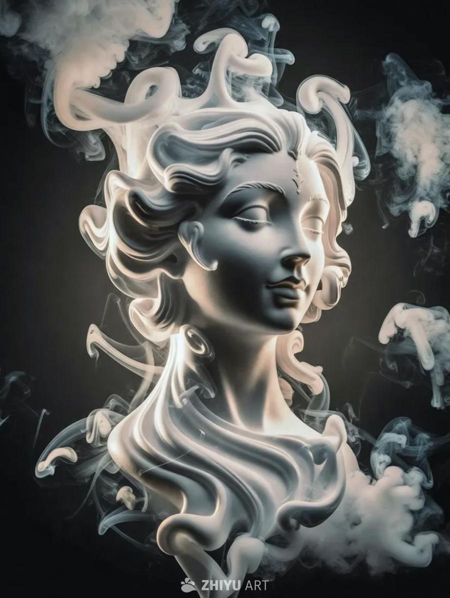 一个由白色和灰色烟雾形成的女神形象，烟雾向上翻腾，
