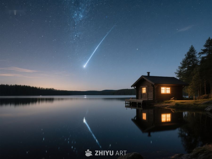 湖畔小屋夜景，流星划过天际 33