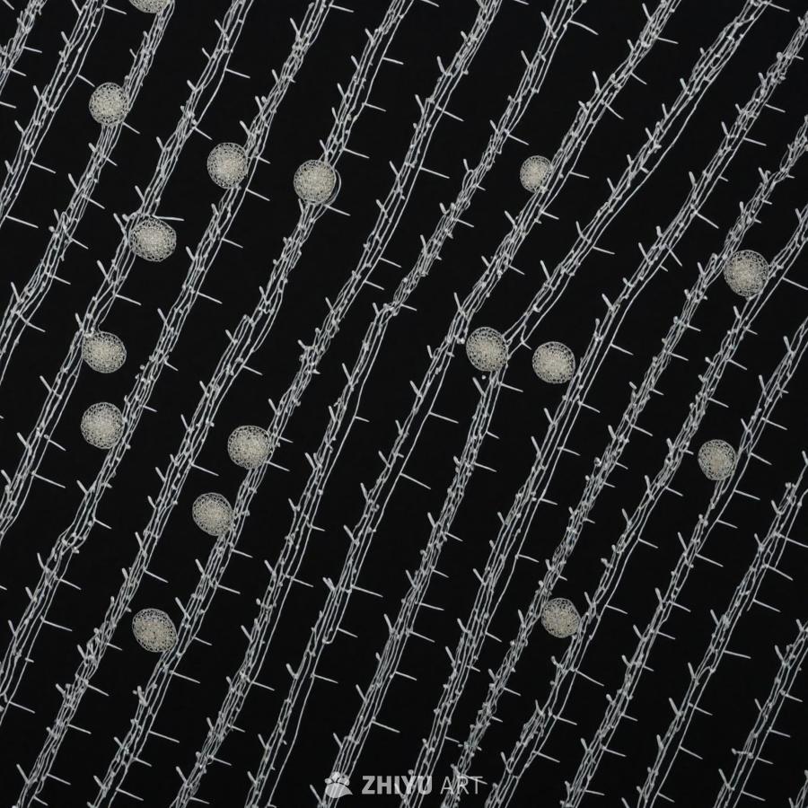 黑色背景上，分布着许多白色细针或细丝状物体，它们呈