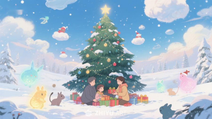 雪地圣诞树下的温馨家庭时光 359