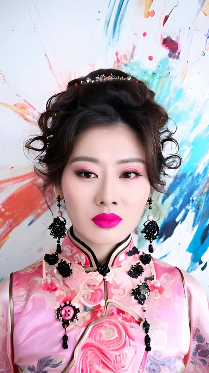 一名女性站在有油漆泼洒的背景前，她穿着粉色旗袍，佩