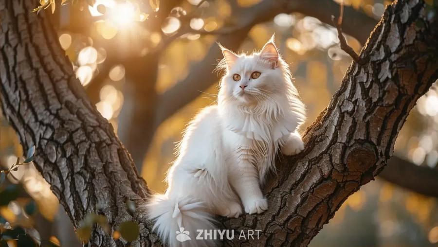 一只白色的猫坐在一个粗糙的橡树树枝上，沐浴在柔和的