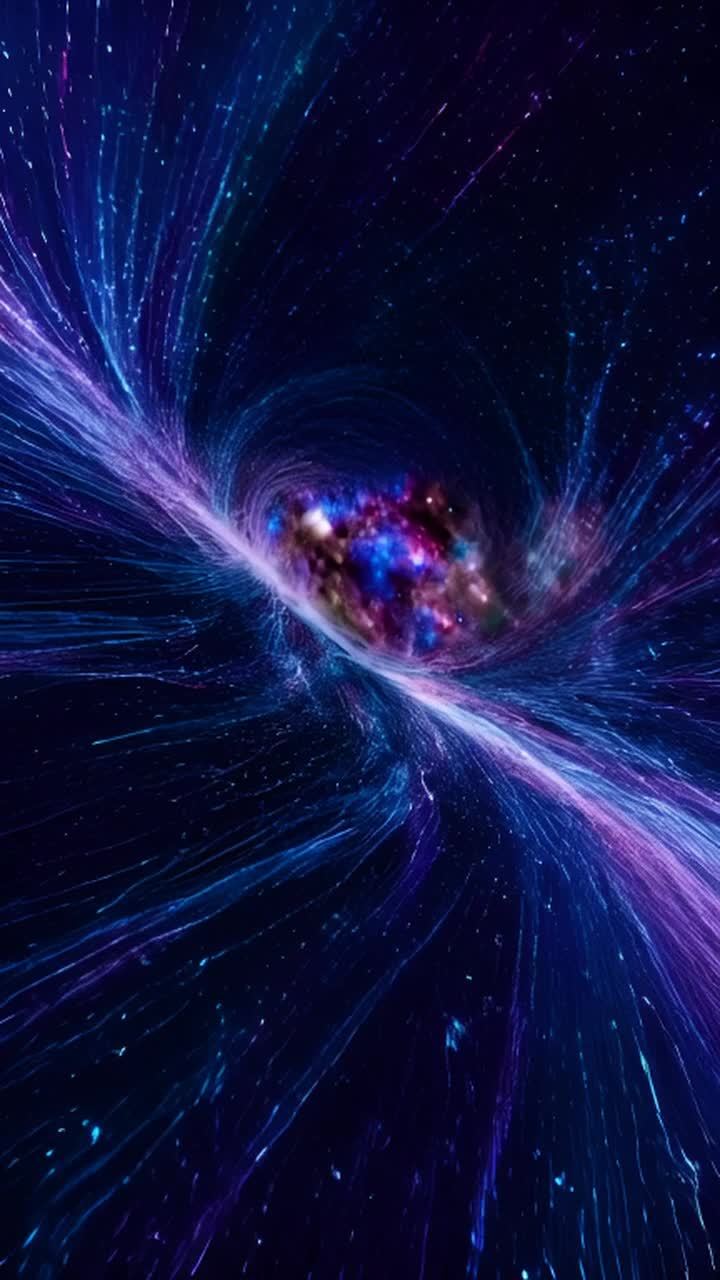 图像展示了一个宇宙景象。中心是一个璀璨多彩的区域，周围有光线向四周扩散开来。从低角度观察这个宇宙景象时，我们可以看到星系、恒星和其他天体似乎漂浮在虚空中。这些天体的位置和运动方式表明它们之间存在某种联系，可能是引力或其他未知力。此外，还有一些抽象的设计元素，如光线和形状，为整个场景增添了神秘感。整体而言，这张图片给人一种深邃而神秘的感觉，让人不禁遐想无限。