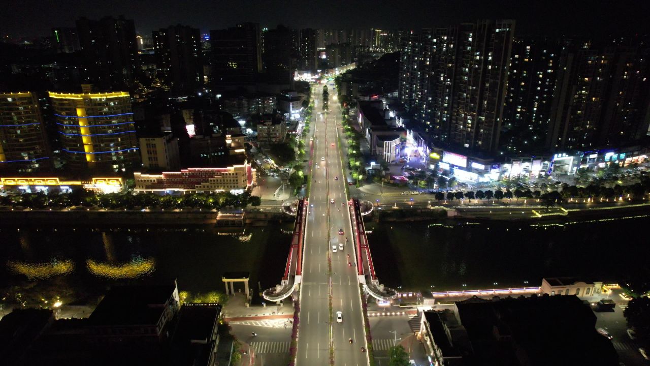 广东江门城市夜景交通航拍