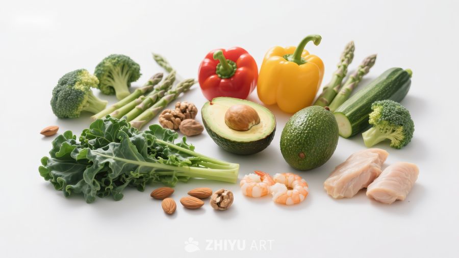 新鲜蔬菜水果与海鲜肉类组合