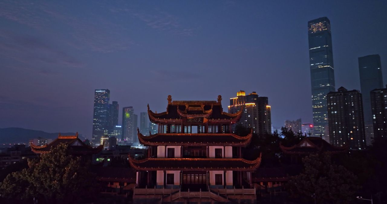 长沙天心阁城市建筑夜景航拍