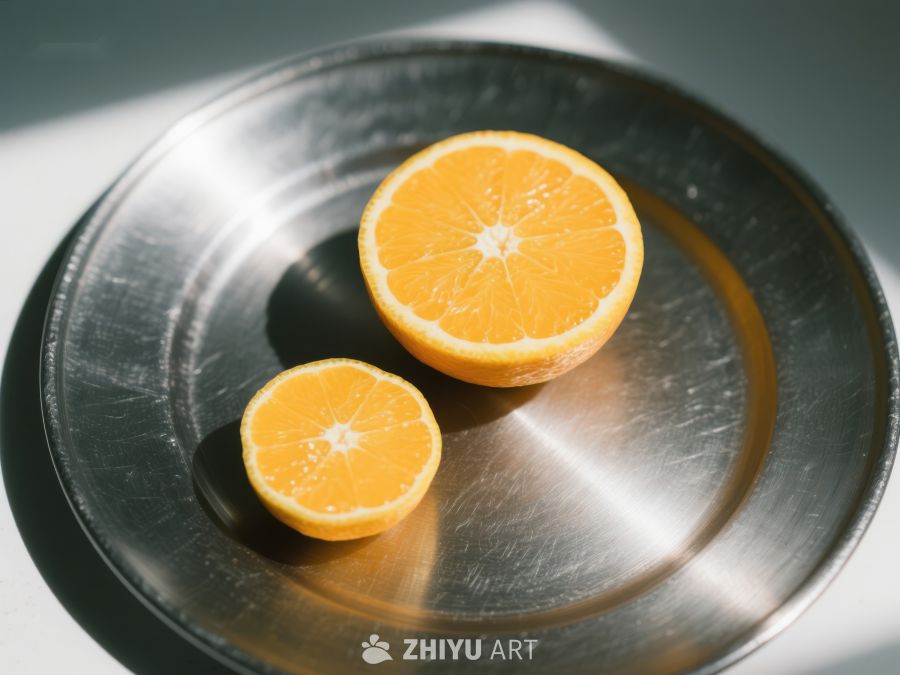 切开的橙子置于金属盘中 327