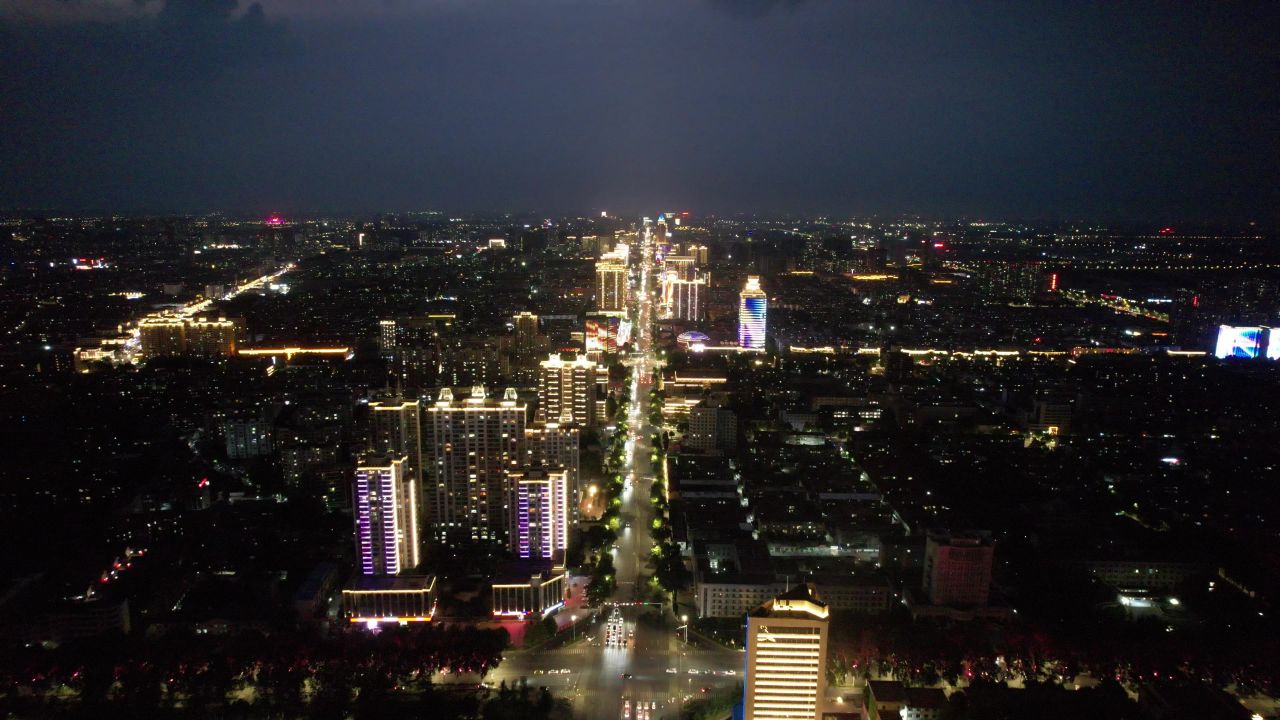 山东淄博城市夜景灯光交通航拍