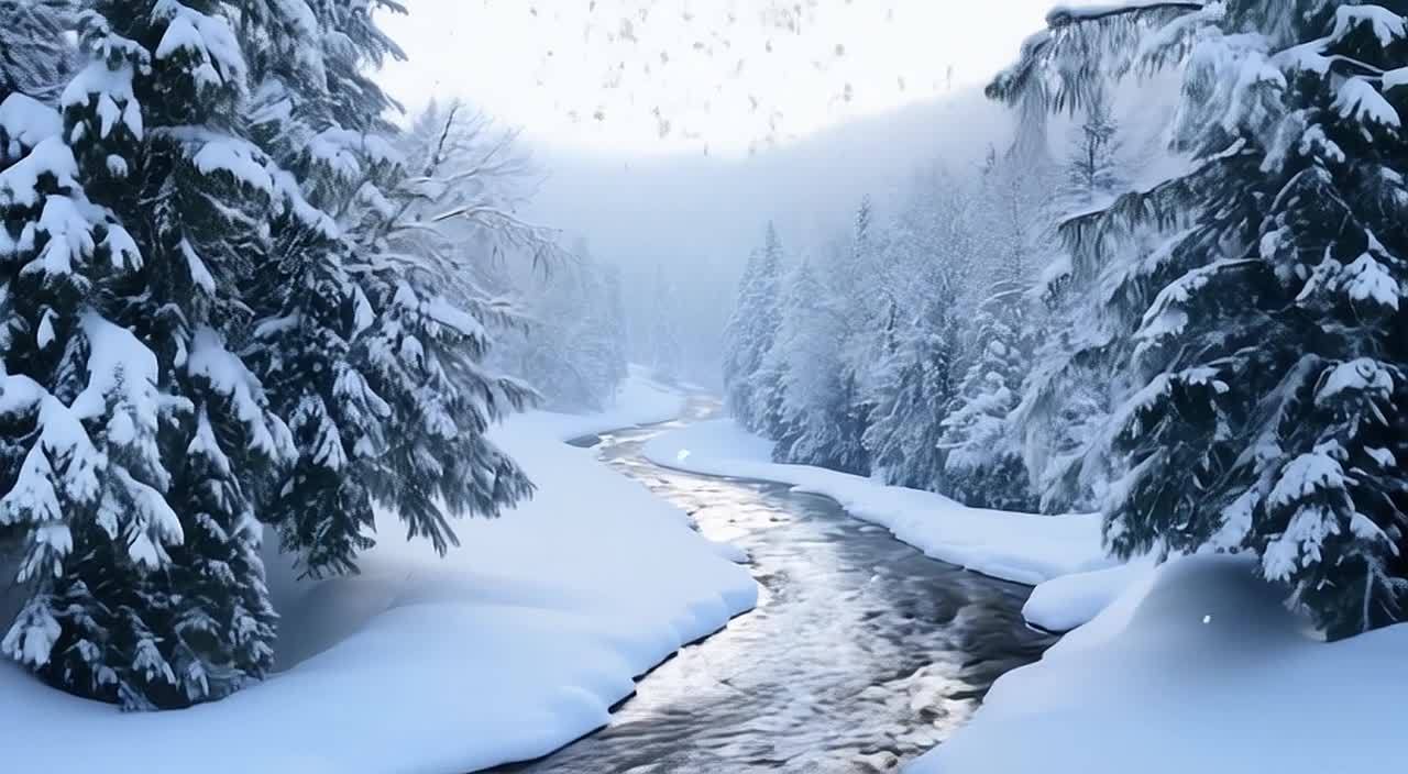 一条宁静的溪流蜿蜒穿过山谷，大雪纷纷落下。镜头缓慢