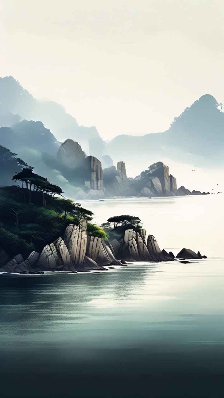 雾气缭绕大海山水画简约风格 3