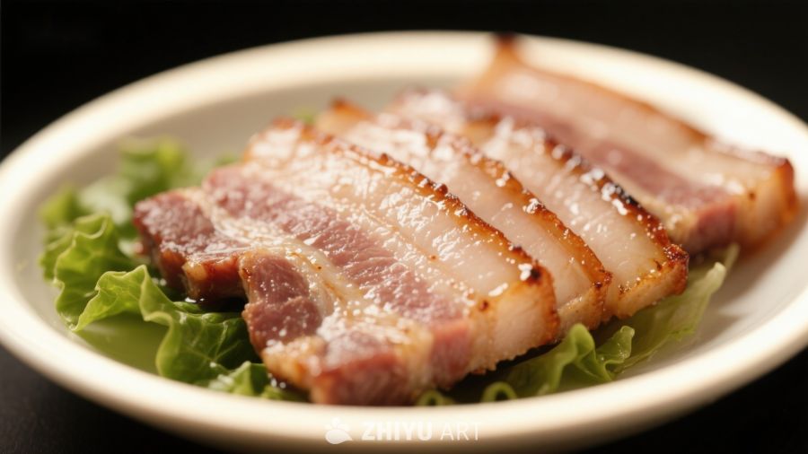 煎培根配生菜的美食特写
