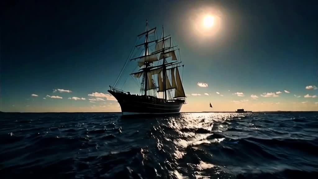 一艘帆船在海面上航行，背景是夜空和月亮，海面波光粼