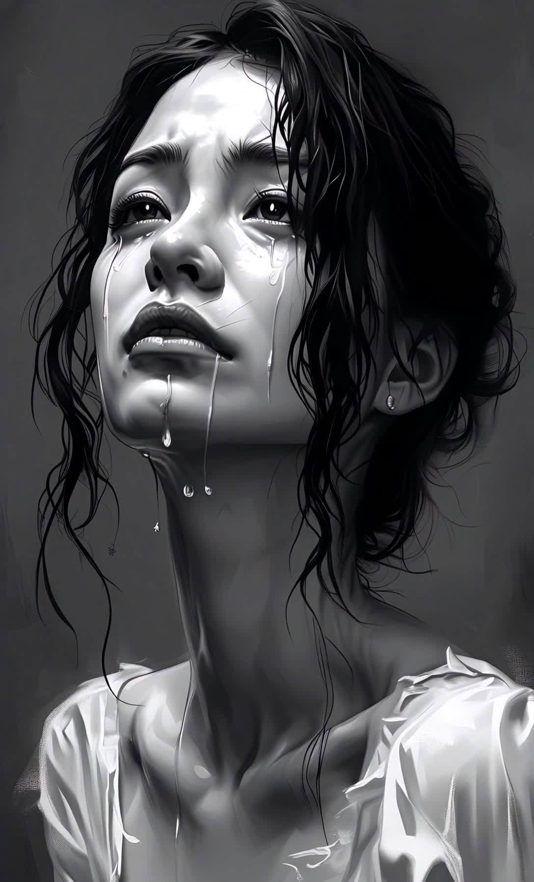 一位女性的肖像，她的眼睛向上望。眼泪从她的眼中流下