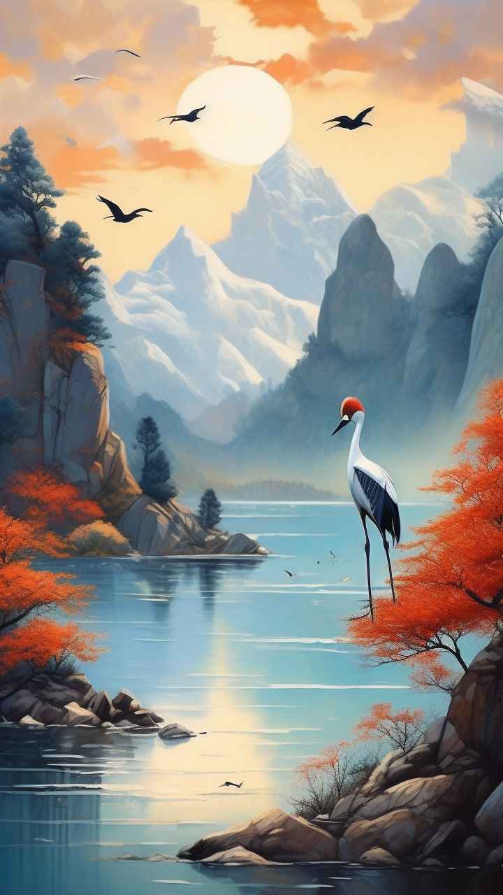 国风山水鹤插画背景 26