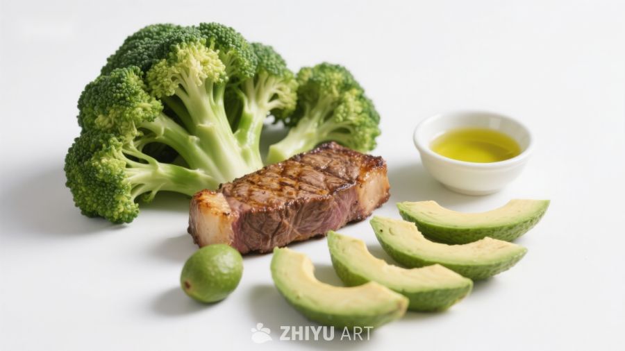 牛排配西兰花与牛油果