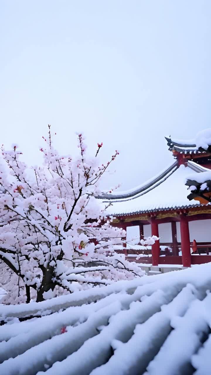 低角度慢动作拍摄：雪花缓缓飘落，堆积在古老亭台楼阁