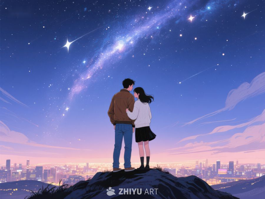 情侣夜观星空，城市灯火辉煌 571