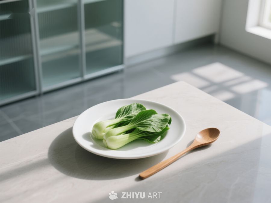 盘中青菜与木质勺子 221