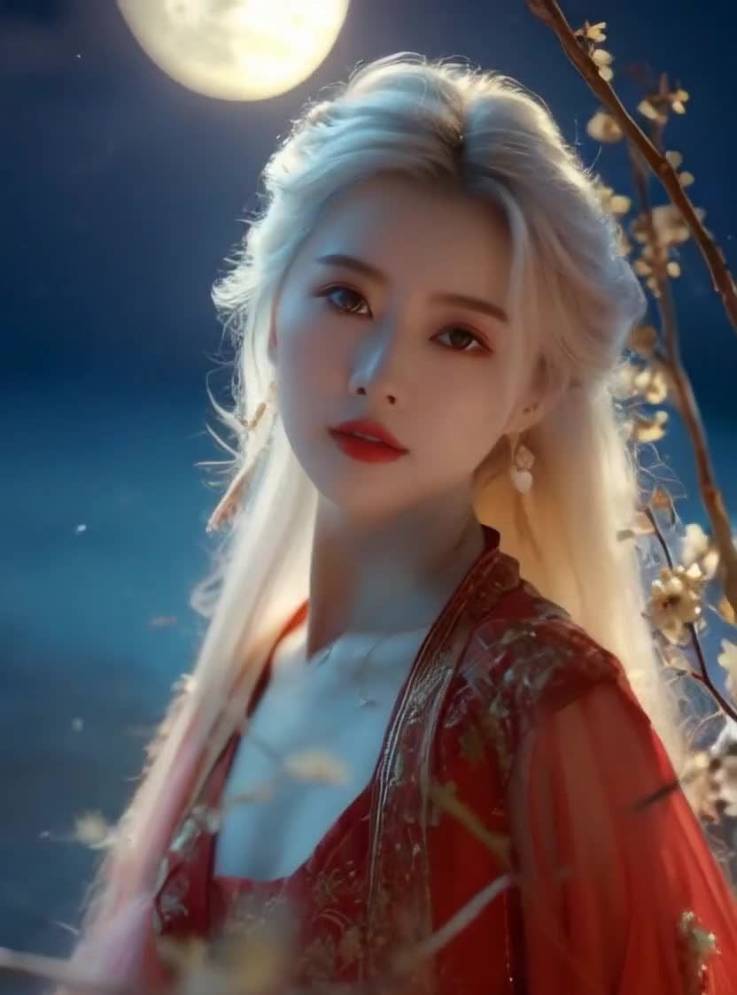 银发红衣古典美女，月夜花枝映佳人。