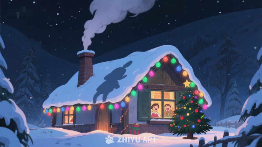 雪夜温馨小屋，节日灯光闪烁 397