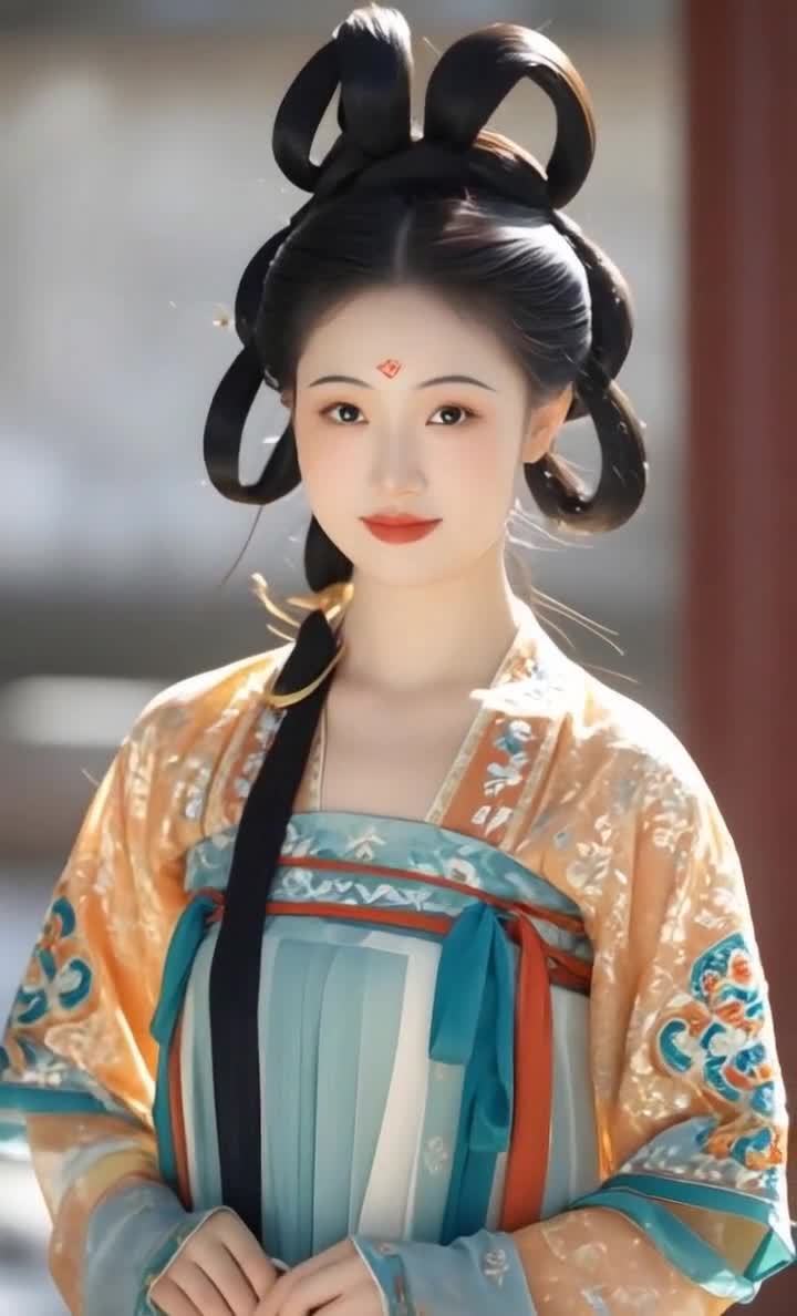 一位年轻女子，身着浅橙色和青蓝色相间的古装，衣衫上