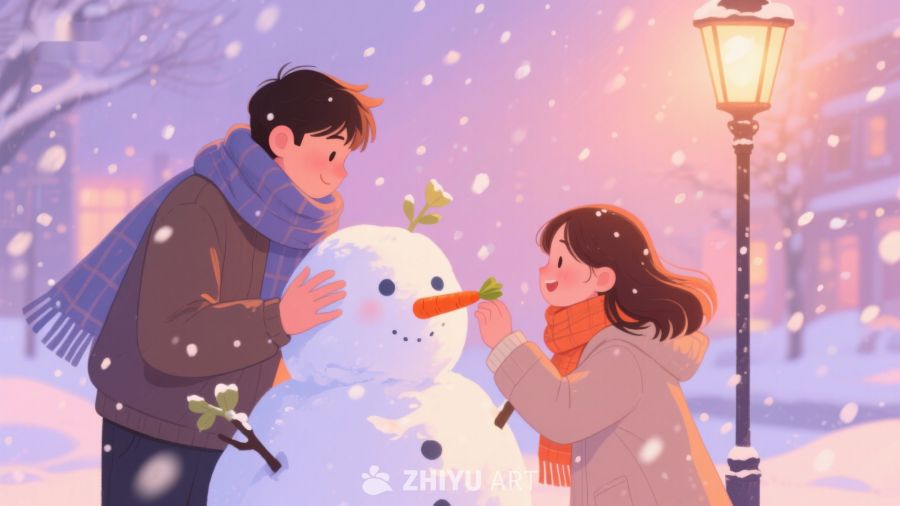 冬日雪景中两人堆雪人 157