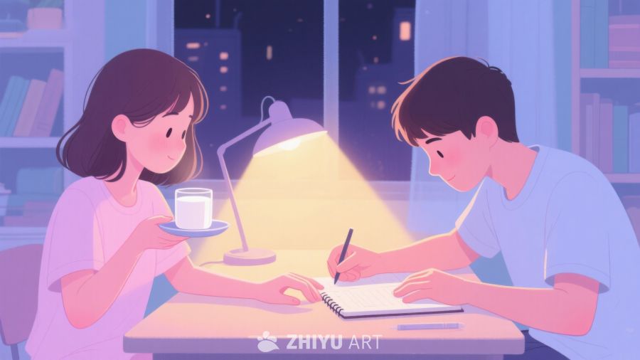 夜晚书房中两人专注学习 585